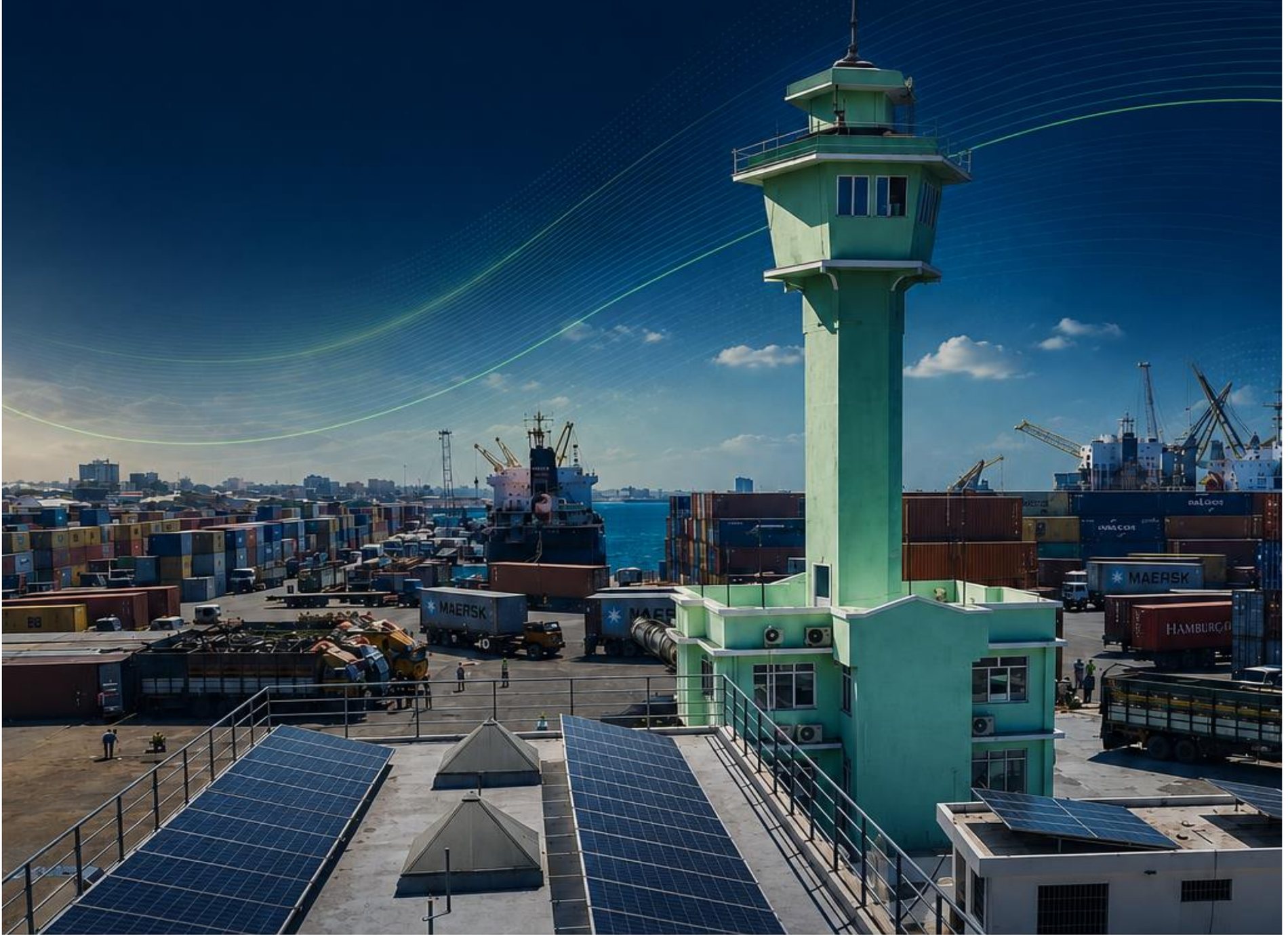 Rooftop solar panels above a working Somali container port
