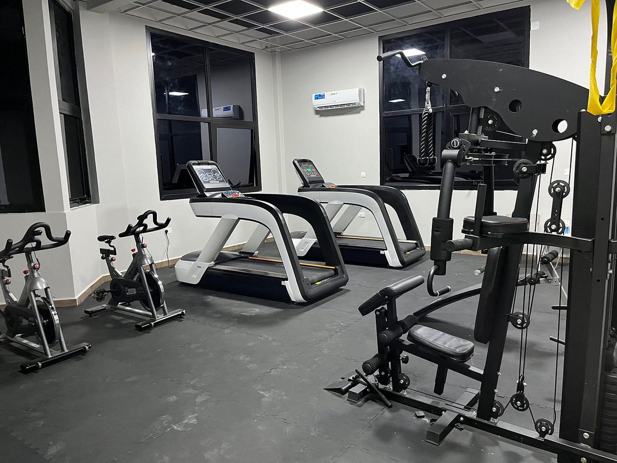 Gym with treadmills, exercise bikes and weights